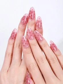 16 件半固化水晶指甲贴纸，粉色波尔卡圆点设计，全覆盖自粘指甲贴套装，配有 1 个指甲锉，需要紫外线，易于粘贴和去除，适合女性和女孩日常使用以及 DIY 情人节美甲