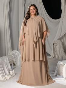 Faeriesty Váy Maxi Chiffon Curve Plus Thanh Lịch Với Viền Xếp Tầng | Hoàn Hảo Cho Các Sự Kiện Cà Vạt Đen, Đám Cưới Mùa Hè, Tiệc Vườn Hoặc Đêm Gala Sang Trọng - Màu Khaki - Xem 5