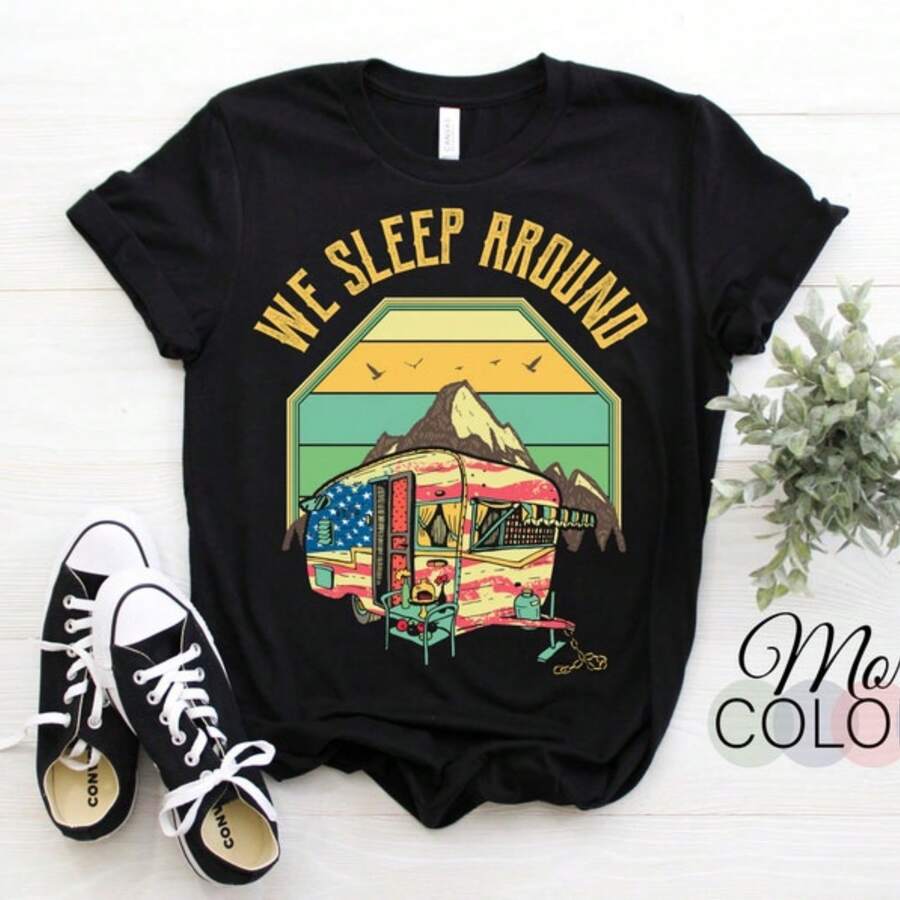 Camping Life RV Road Trip T-Shirt, Vintage Retro Hiking, Funny Camp Mountains Tee, Outdoor Shirts, Happy Camper TShirt, Camping Dad Gifts, - Black - View 1