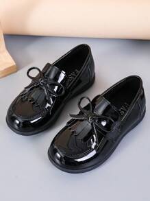 1 Pair Kid's Simple British Style Fringe Bow Flat Shoes, Suitable For Spring/Summer - Black - View 2