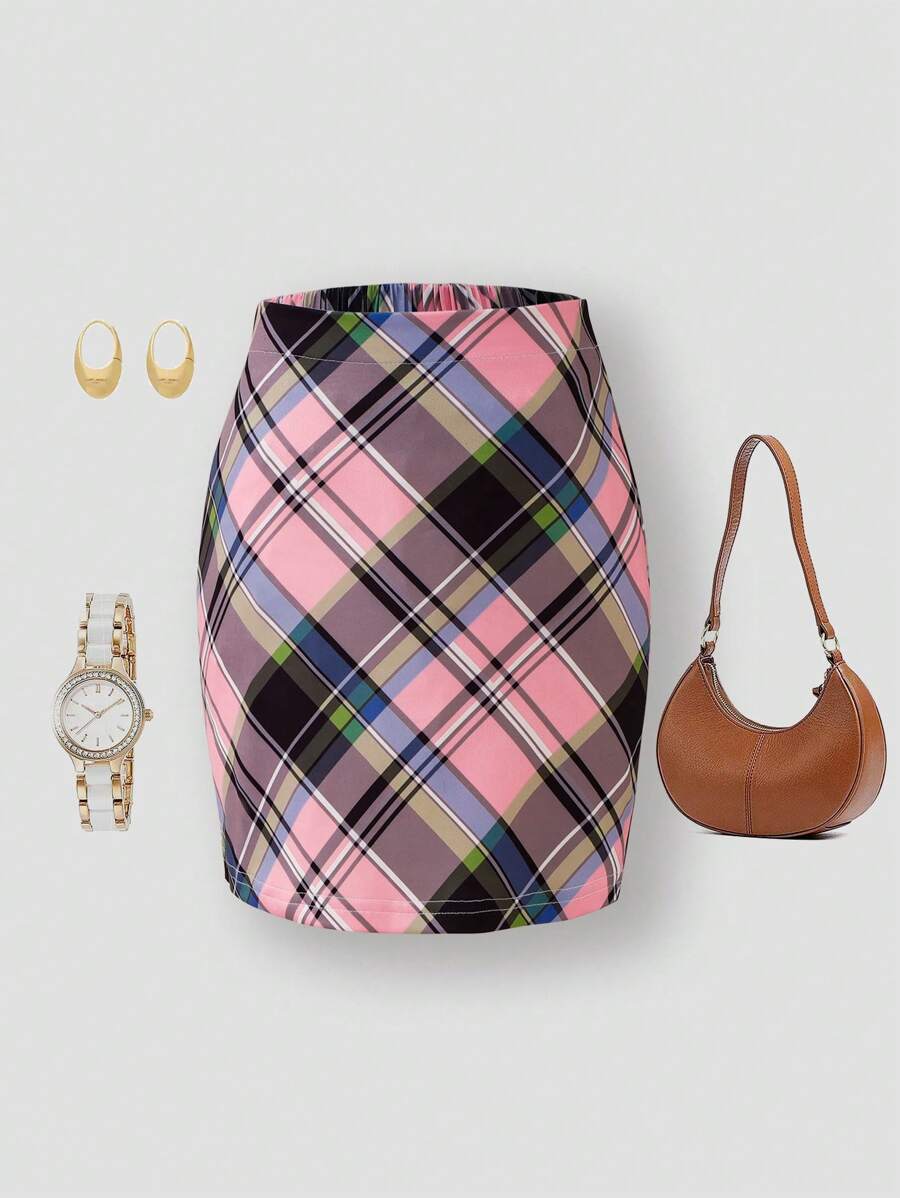 女孩复古校园风粉色格子迷你裙，春夏