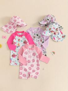 Toddler Girl Rash Guard Swimsuit With Hat 2 Pcs Set Shell Pattern Zip Up Long Sleeve Crew Neck Baby Girl Swimwears - Pink - View 1
