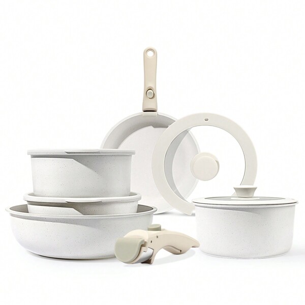 GiPP GiPP - Set de casseroles avec poignée amovible - 11 pièces - Set de casseroles et poêles avec revêtement antiadhésif - Set de casseroles pour induction - Passe au four - Pour tous feux - Sans PTFE/PFOA - Blanc