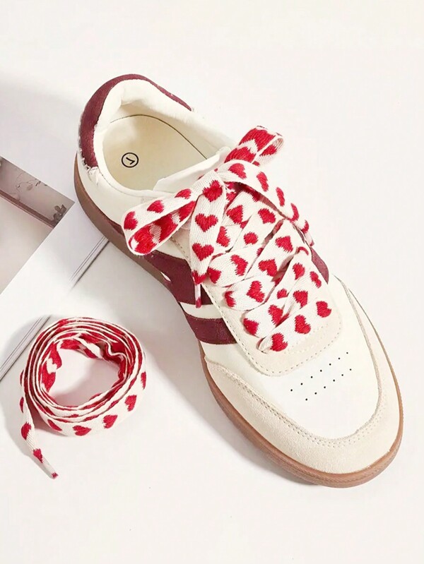 1 Pair Red Heart Shaped Cute Woven Flat Shoelaces, Fashionable Accessory For Sneakers, Canvas Shoes, Sweatshirt, Hoodies