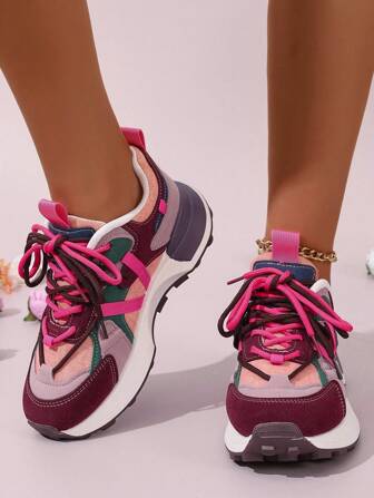 Women's Vintage Patchwork Round Toe Athletic Sneakers With Soft Outsole, Stylish Color Block Casual Sports Shoes For Spring And Autumn