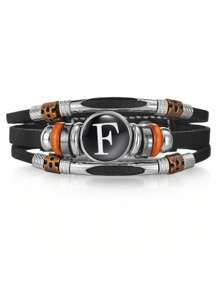 1pc 26 Piece Leather Alphabet Bracelet, Men/Couples Fashion Handmade Beaded Multilayer Punk Wristband, Birthday Wedding Gift, Daily Wear - Black - View 12