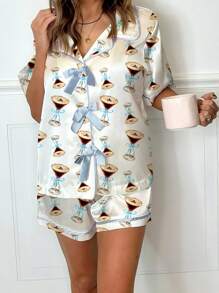 Women Cute Two Piece Pajama Set Y2K Goblet/Western Cowboy Boots/Bow Printed Short Sleeve Bow Tie Front Button Shirts Wide Leg Shorts Pjs Set Preppy Matching Lounge Sets Aesthetic Summer Casual Loungewear Martini Sleepwear Outfit - Màu xanh lam - Xem 3