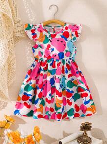 Young Girls Cartoon Fruit All Over Print Cap Sleeve Round Neck Dress