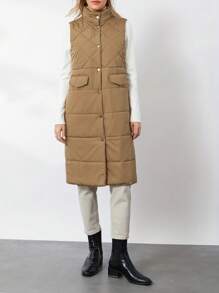 Women Quilted Vest Solid Color Warm Jacket Button Cardigan For Winter Outwear Streetwear - 卡其色 - 查看 3