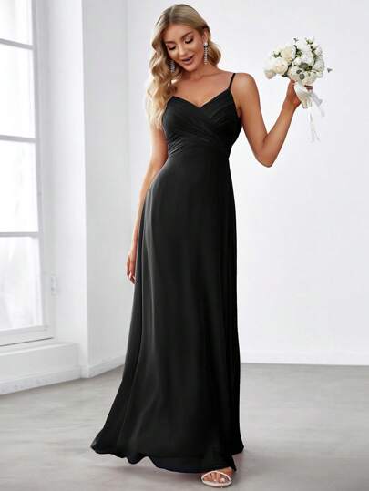 EVERPRETTY Spring Sexy Deep V-Neck Spaghetti Strap Dress, Thin Straps, Draped Open Back Design, Minimalist & Fashionable, Casual Daily Wear, Black Bridesmaid Dress, Wedding Guest Dress