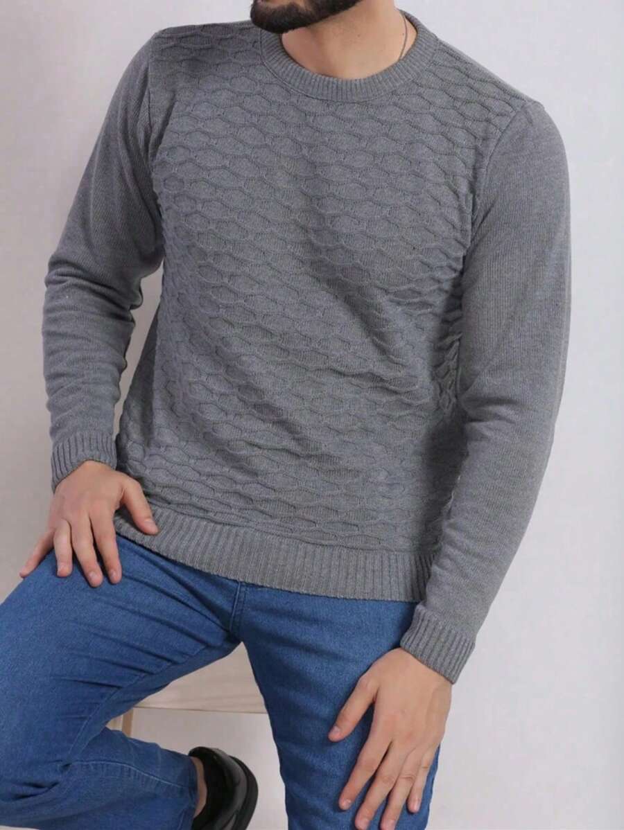 Men's Knitted Sweater Coat Sweater Round Neck Long Sleeve Wool Blouse - 深灰色 - 查看 1