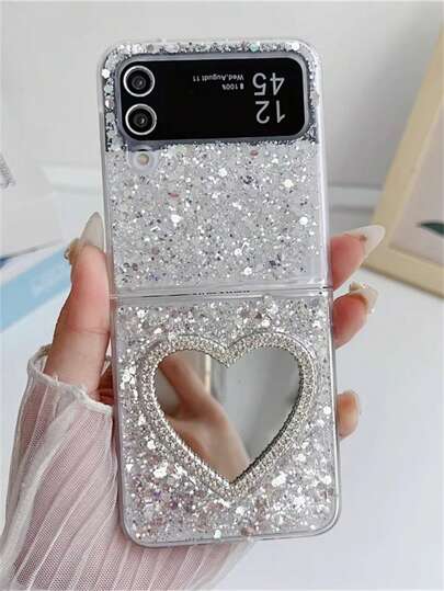 غطاء خلفي واقي لهاتف سامسونج جالكسي زد فليب 7 و زد فليب 6 و زد فليب 5 و زد فليب 4 و زد فليب 3 ، مرآة مكياج مرصعة بالراين ستون على شكل قلب ، لامع ولامع بالترتر والترصيع الإيبوكسي ، أنيق ومقاوم للصدمات