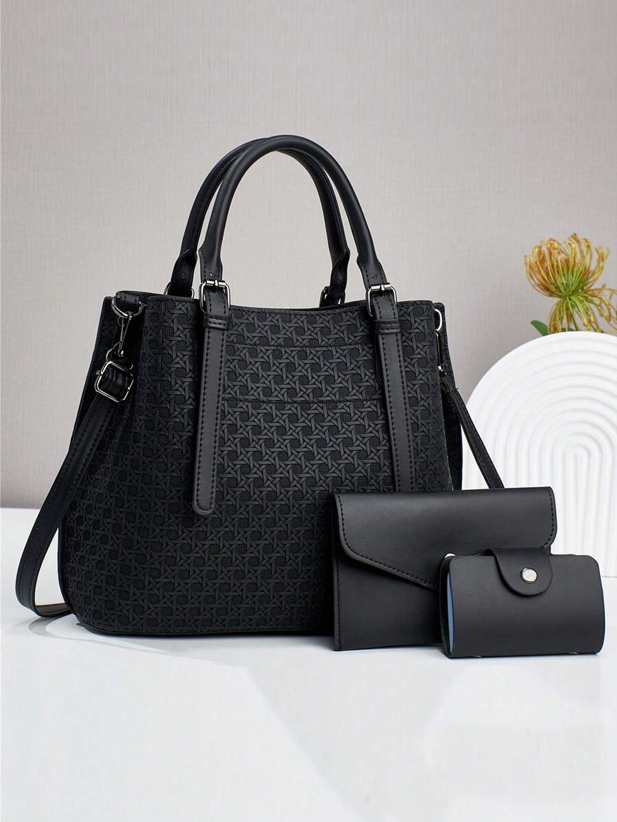 New Simple Fashionable Elegant Women's Tote Bag Set, Versatile Casual Mesh Weaving Design, Roomy Capacity, Shoulder & Crossbody Carrying Options - Black - View 1