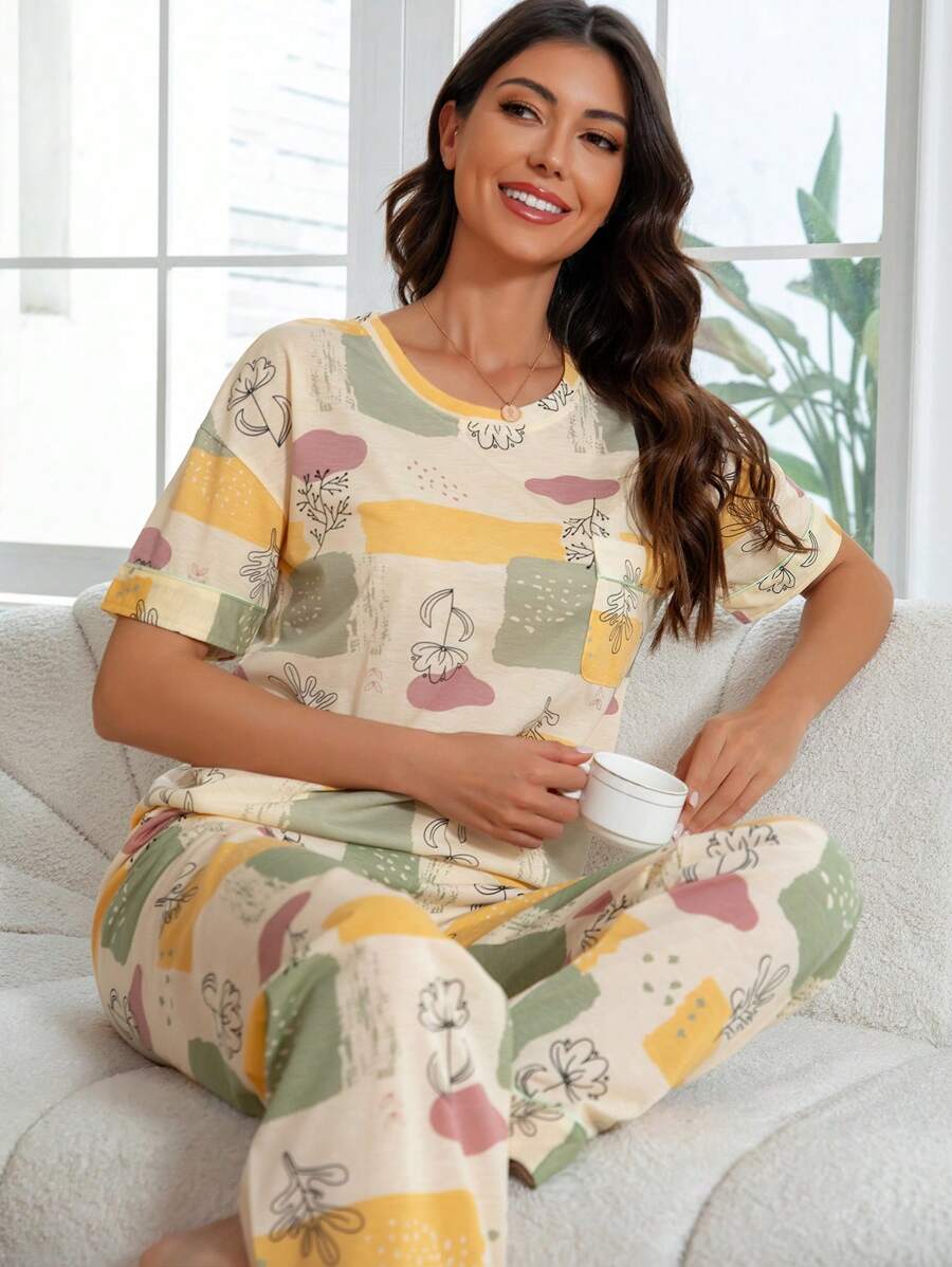 2pcs/Set Women Floral Print Drop Shoulder Short Sleeve Top And Pants Pajama Set, Crew Neck Casual Home Clothing Suitable For Spring And Summer,Two Pieces Set