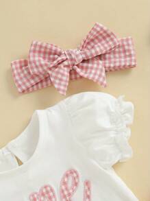 Baby Girls 1st Birthday Outfits Letter One Short Puff Sleeve Romper With Plaid Print Shorts And Headband Infant Girl First Birthday Outfits - 粉色 - 查看 4