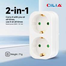 CILIA 1pc European Standard Adapter Socket, 250V/16A,2-IN-1 Multi-Socket,Home Office,White - View 1