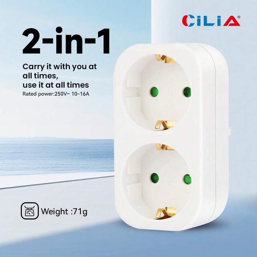 CILIA 1pc European Standard Adapter Socket, 250V/16A,2-IN-1 Multi-Socket,Home Office,White - View 1