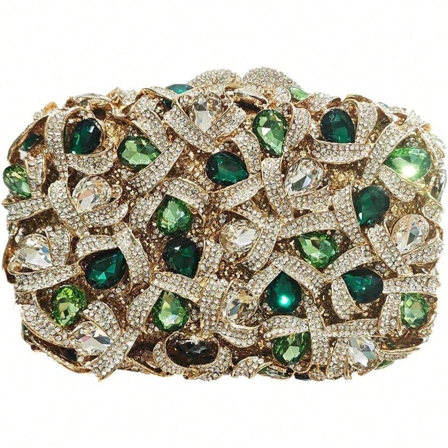 Sparkly Women Crystal Clutch Rhinestone Purse Diamond Evening Bag Bridal Evening Clutch For Prom Cocktail Party - Gold Green - 查看 1