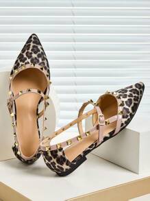 Leopard Print Flat Comfortable Casual & Fashion Rivet Decor Women Loafers