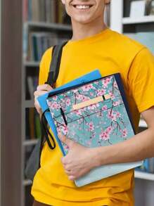 Back To School - Chic Floral Print Zip Book Cover With Handle, Polyester, Floral Notebook And Textbook Cover, Protective Carrying Case For Women And Teens, Book Lover Gift, Fits 11.8" X 9" Books - 1 Piece, School Supplies
