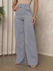 Women's Linen Material Trousers With Belt - Light Grey - View 3