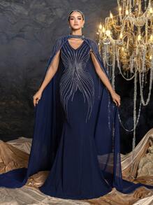 Faeriesty 2pcs Elegant Crystal Decor Mermaid Skirt Formal Dress Set With Chiffon Shawl - Navy Blue - View 5