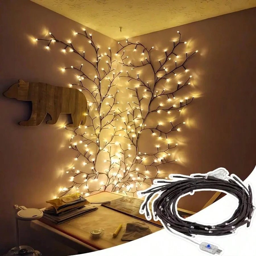 AMILL 1pc USB Powered 96LED Branch Twig Lights, Led Indoor Wall Decor Artificial Willow Vine Wall Lamp With 8 Modes, Flexible Accent Lighting For Bedroom, Living Room, Wedding, Button Control - 暖白光 - 查看 1