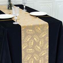 1pc Gold Linen 28*275cm Table Runner, Decorated With Lanterns, Crescent Moon, Gold Stars, Mosque, Greetings, Suitable For Home, Dinner Party, Festival Celebration - Solid Color - View 12