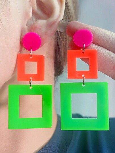 1 Pair Fashion Neon Geometric Hollow Rectangle Earrings For Women