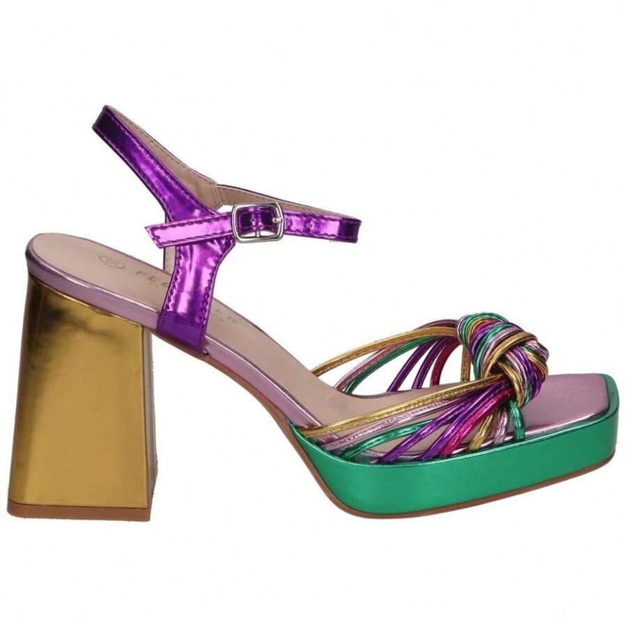 POLKA | Sandales à talons à pois pour femme – Sandales de soirée multicolores – Sandales de soirée à boucle – Talon vert et jaune avec brides multicolores – Talon haut et confortable – Haute qualité – Modèle 162 - Multicolore - Voir 1