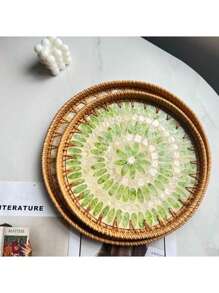 1pc Mother-Of-Pearl Inlaid Wooden Base Rattan Tray Plate Living Room Home Snack Storage Basket Decor Dinner Serving Tray - Beige - View 3