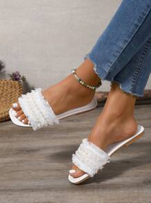 1 par de sandalias planas de mujer con borlas de estilo festivo y hermosas. Sandalias de playa para verano. Chanclas de gasa y perla, pantuflas de interior, Top tejida, suela media suave, para viajar y vacaciones, estilo casual, estética de hadas, pantuflas planas de verano.