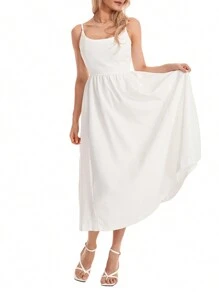 Women's Summer Midi Dress Solid Color Sleeveless Backless Party Dress Spaghetti Strap Beach Dress - trắng - Xem 4
