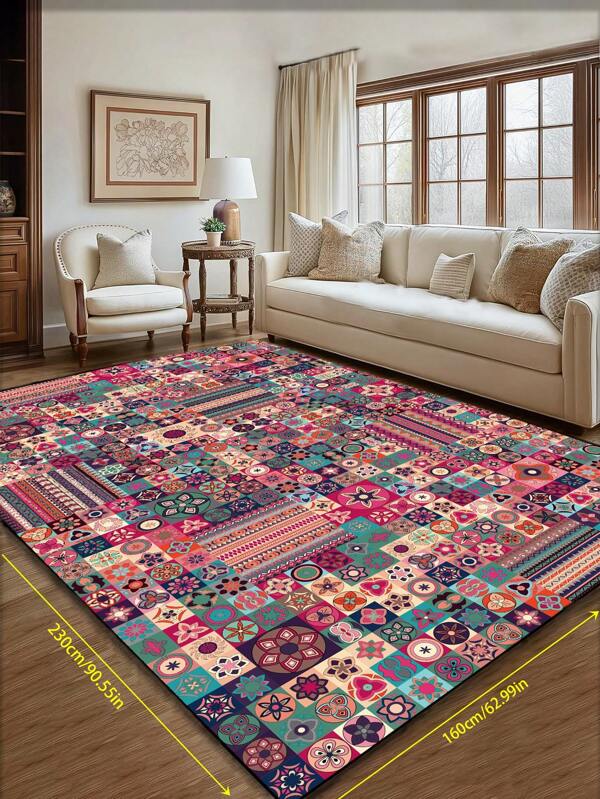 Tapete de área com design vintage inspirado na Boêmia, padrão geométrico de poliéster retangular, fácil manutenção, lavável, antiderrapante, adequado para sala de estar, corredor, cabeceira, sala de estar, quarto, escritório, cozinha, cabine