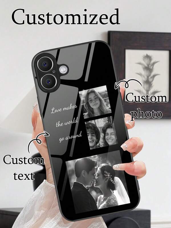 1pc Customized Personalized Photo And Text Shockproof High-Definition Glass Phone Case Compatible With Iphone 16/16 Pro/16Plus/16 Pro Max, S25 Ultra, OnePlus And Other Models, Black And White