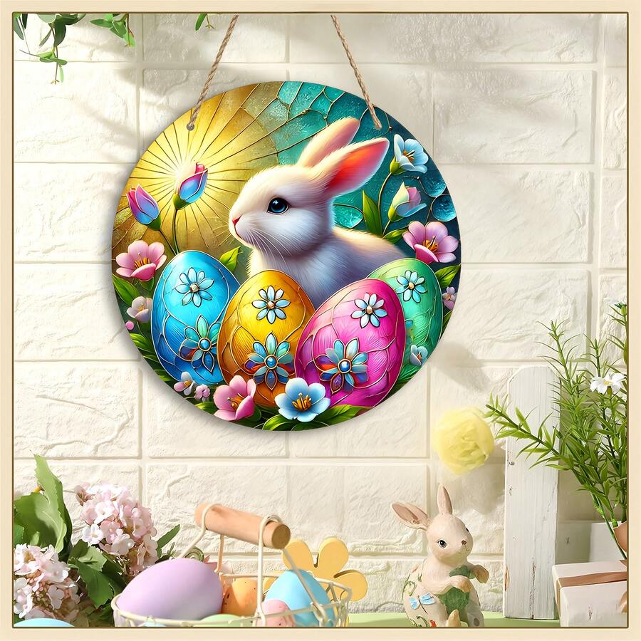 1 件复活节木制装饰 - 圆形彩绘艺术标志（7.87x7.87 英寸），家庭花园露台房间装饰，送给家人和朋友的节日礼物，乔迁派对装饰 - 彩色 - 查看 1