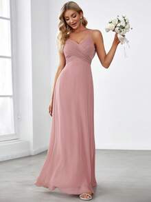 Elegant Light Pink Chiffon Ruffle Backless Spaghetti Strap Bridesmaid Wedding Guest Dress, Suitable For Wedding Parties, Semi-Formal Occasions And New Year Wear - Dusty Pink - View 4