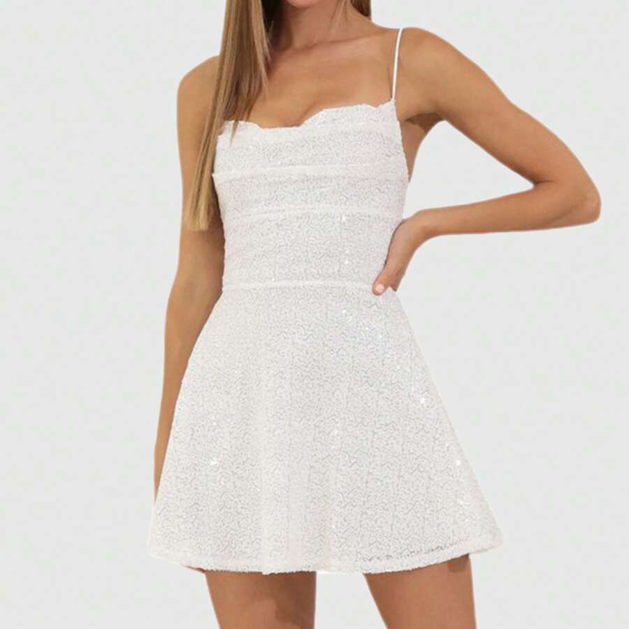 Women Sexy Glitter Mini Dress Sparkle Sequin Spaghetti Strap Backless Dress Low Cut Slim Fit Bodycon Dress Disco Party Clubwear