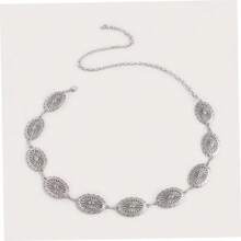 Oval Cutout Waist Chain Boho Style Silver Metal Belly Chain Vintage Decor Dress Belt Body Jewelry Alloy Waist Belt, Suitable For Spring, Summer, Autumn And Winter Summer, School Fall, Autumn, Halloween