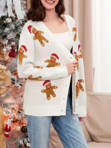 Women's Christmas Cardigan Gingerbread Man Pattern Button-Front Long Sleeve V-Neck Ribbed Knitted Sweaters - White - View 7
