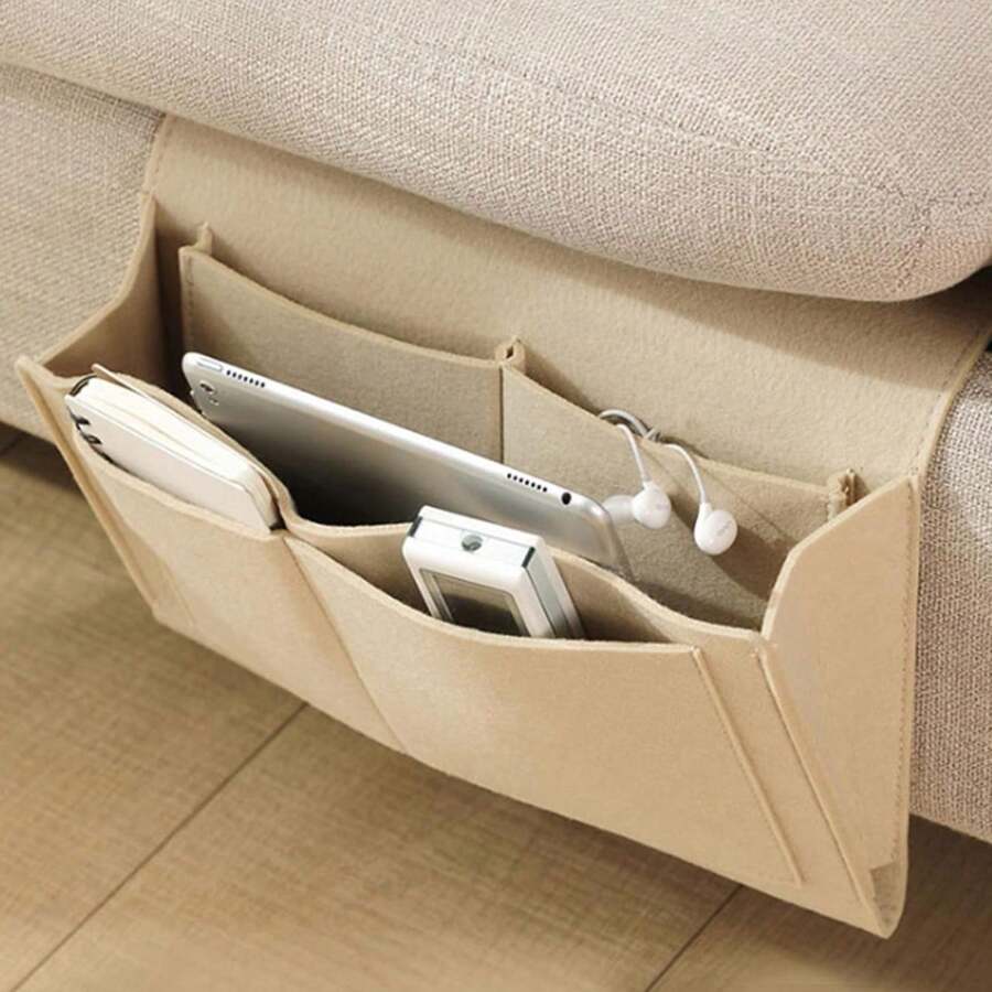 1 Pieza de organizador de fieltro para sofá o mesita de noche con 5 bolsillos colgantes para revistas, libros, tabletas, iPads, cables, controles remotos, botellas de agua, etc. Caja de almacenamiento multifuncional para el hogar para dormitorio, sala de estar, cama de dormitorio universitario, sofá, litera, etc.