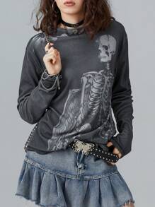 Women Y2k Fairy Grunge T-Shirt Top Goth Skull Print Long Sleeve Shirts Punk Gothic E-Girl Loose Tees Tops Vintage Aesthetic Clothes Streetwear - màu đen - Xem 2