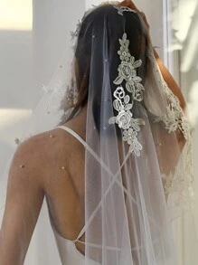 1-Tier Lace Edge Pearl Beaded Small Wedding Veil, No Comb, Soft Tulle With Embellished Pearls, Wedding Accessory Fall Clothes For Women Valentine's Day Accessories - White - View 3