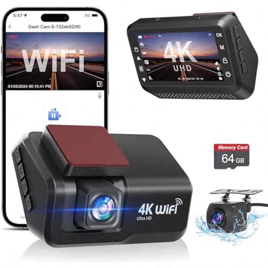 CHORTAU Dash Cam Front And Rear 4k+1080P WiFi Dual Dash Cam With APP 3 IPS Dash Camera For Cars With Free 64GB Card Dashboard Camera With Night Vision  Parking Monitor WDR Loop Recording - Black1 - View 1