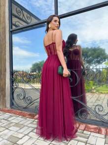 WEDDING PARTY DRESS FOR GRADUATES IN TULLE WITH SHINE AND CORSET - Redwood - View 2