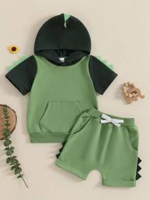 Toddler Boy Summer Clothes Dinosaur Short Sleeve Hood T-Shirt Elastic Waist Pocket Shorts Outfit - Green - View 4