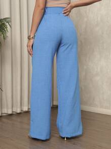 Women's Linen Material Trousers With Belt - Blue - View 2