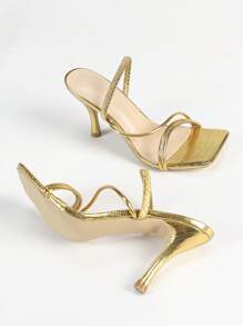 女式紫红色方头细高跟凉鞋，性感派对时尚简约舒适高跟鞋，拉长双腿 - 金色 - 查看 7