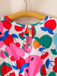 Young Girls Cartoon Fruit All Over Print Cap Sleeve Round Neck Dress