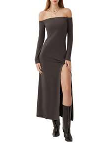 Women's  Summer  Slin Fit Off-Shoulder Long Dress Solid Color Long Sleeve High Slit Backless Dress - Dark Grey - View 7